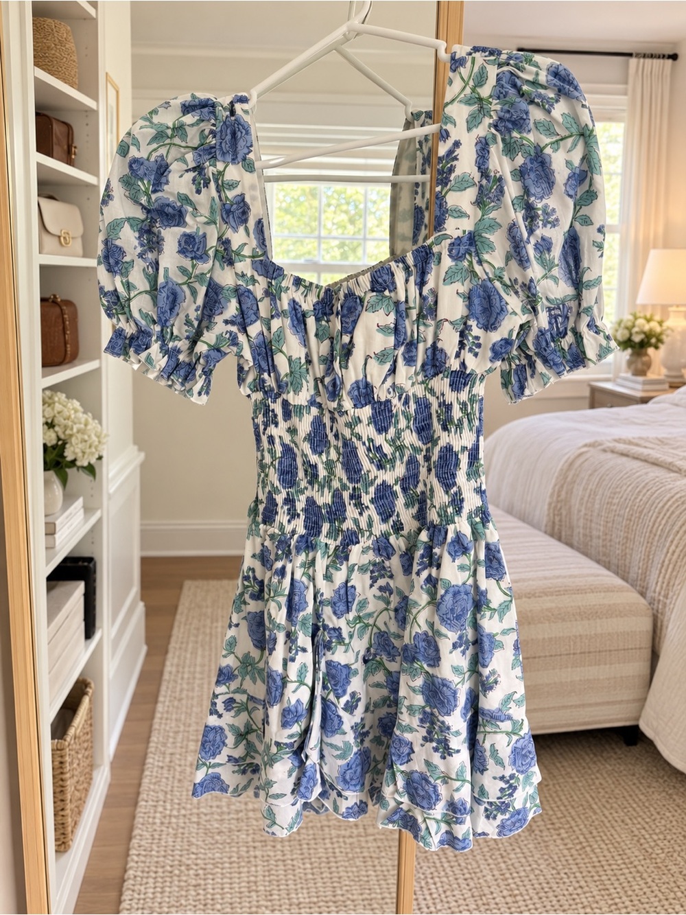 Blue Floral Puff-Sleeve Mini Dress